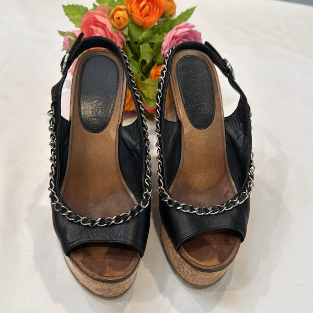 Authentic CHANEL Chic Black Wedge Sandals - Picture 2 of 14